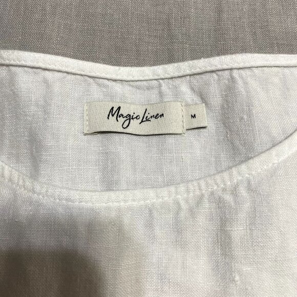 Magic Linen Women's Adria Color Block Linen 3/4 Sleeve Dress Size M White Gray - Picture 7 of 9